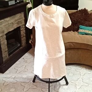 Women's Thick knit long T-shirt Sz L Winter Gray white stripe shirt sleeve CABLE